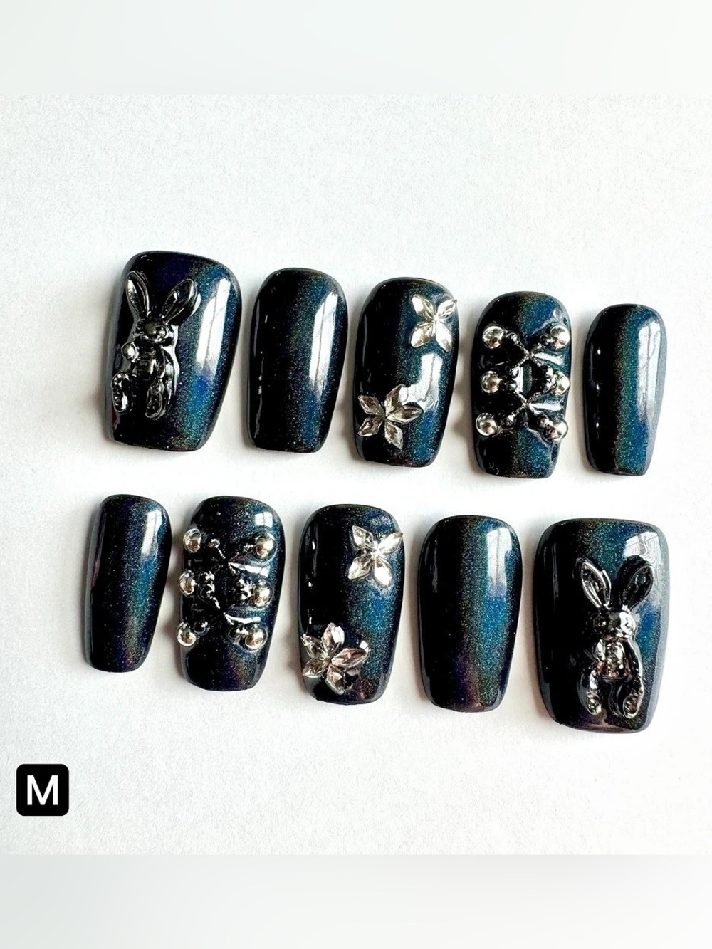 Blue cat eye press on nails silver 3D bunny theme accents